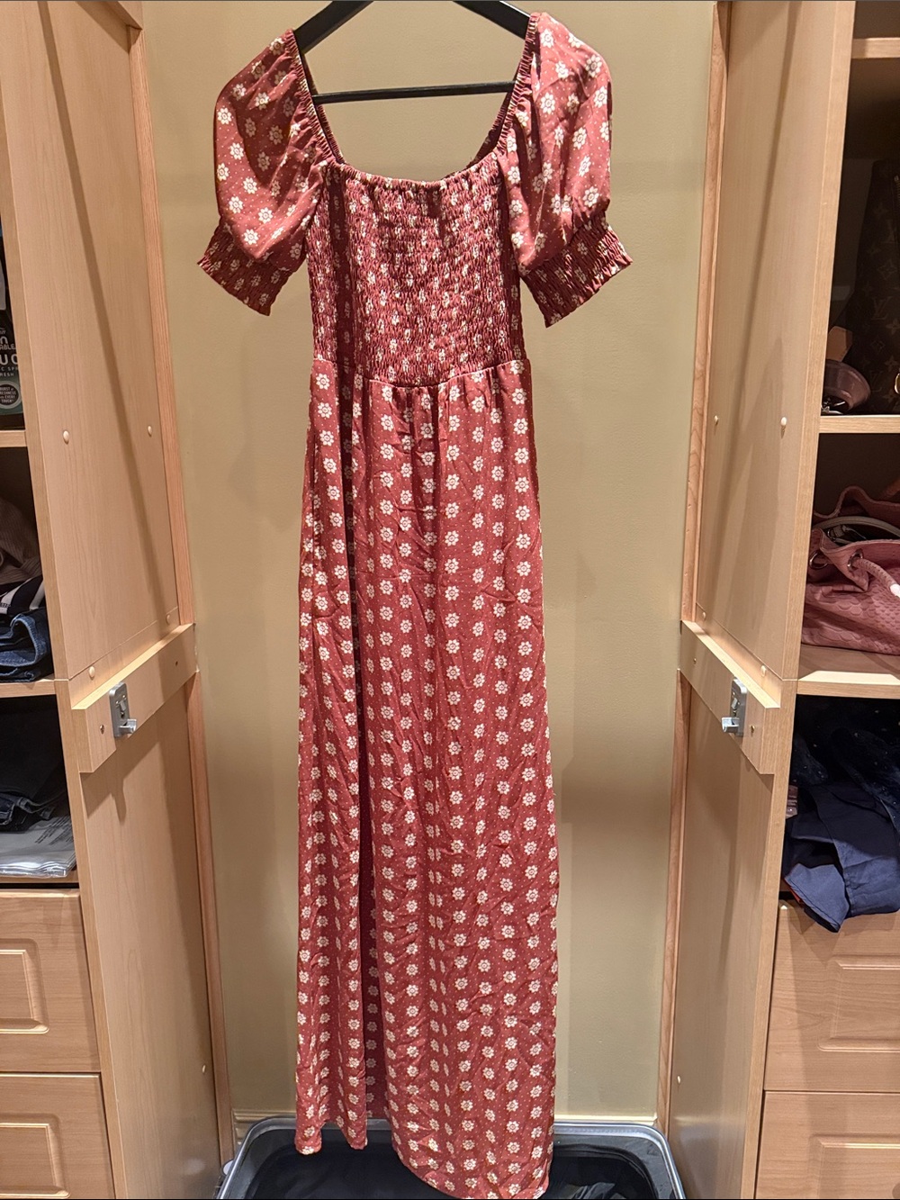 Mimi Chica Rust Floral Smocked Maxi Dress